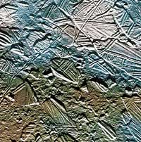  The surface of Europa, a moon of Jupiter, consists mostly of huge
 blocks of ice that have cracked and shifted about, suggesting that 
there may be an ocean of liquid water underneath. Image credit: NASA ( 
http://www.nasa.gov/worldbook/europa_worldbook.html)