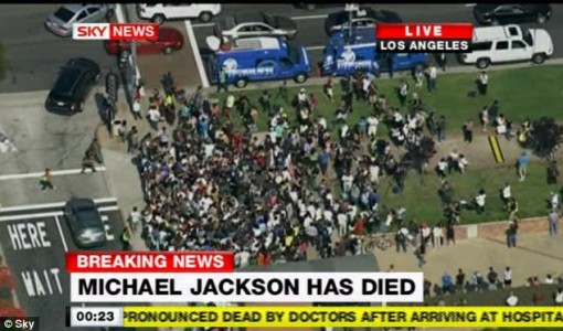 Crowds gather: Fans soon start gathering outside the hospital as news of Jackson's collapse spreads